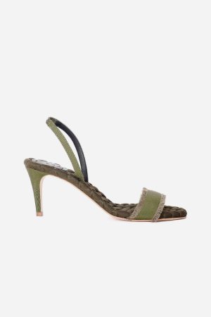 Claudia Vegan Cotton High-Heeled Slingback Sandals | Military Grosgrain